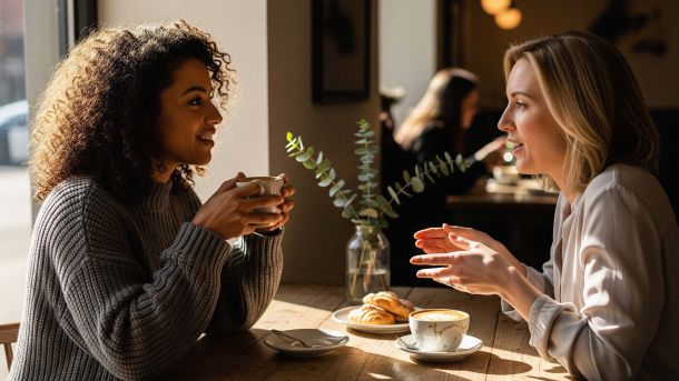 Two women chatting over coffee, representing open conversation about women’s health