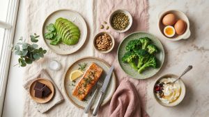 A flat-lay of foods that support hormonal balance including avocado, salmon, eggs, walnuts, and dark chocolate on a linen surface