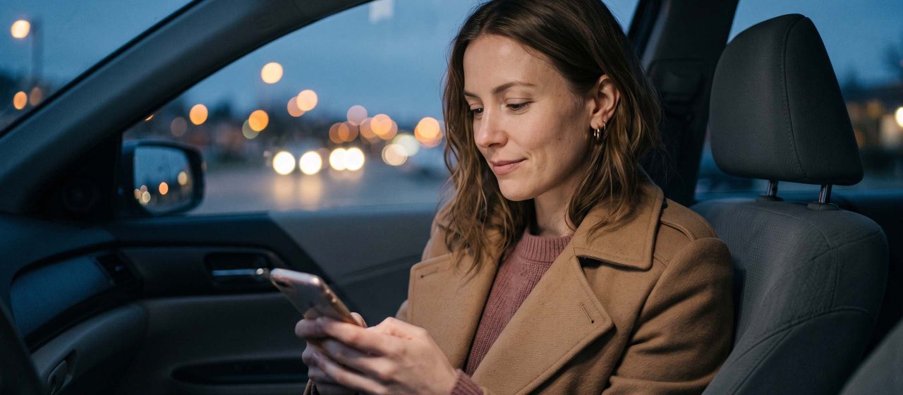 Woman in a camel coat sitting in her parked car at dusk checking her phone before a second date