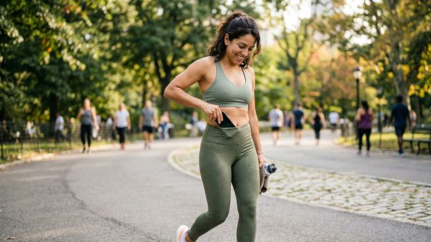 Una mujer con leggings verde salvia guarda su smartphone en la cintura mientras camina.