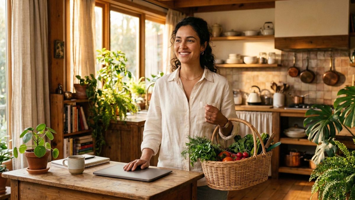 Uma mulher moderna equilibrando família e vida doméstica em um ambiente sereno, representando a mudança de estilo de vida em 2026.