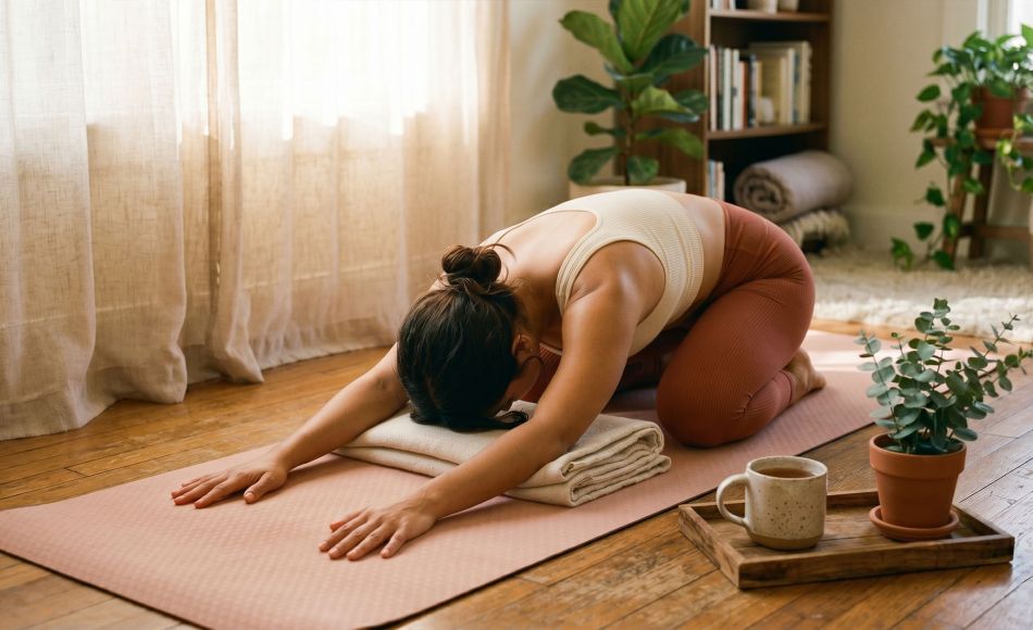 Woman practicing Baddha Konasana yoga pose for pelvic and reproductive health on a blush mat in natural light