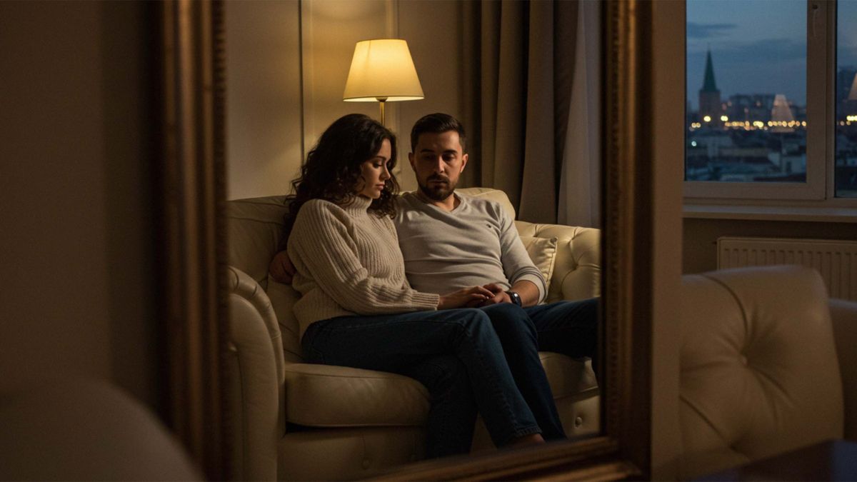 Mann und Frau vor einem Spiegel als Symbol f&uuml;r K&ouml;rperbild und emotionale Verbindung