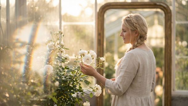 Eine Frau im sanften Licht, die über ihren Weg zu Körpervertrauen und Selbstliebe nachdenkt.