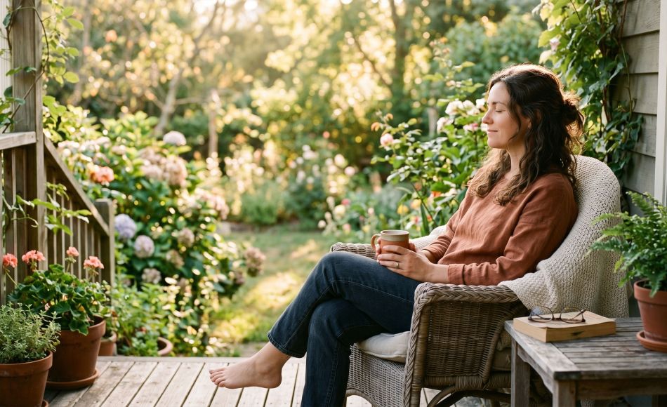 Woman sitting peacefully outdoors in soft morning light with eyes closed, representing emotional balance and calm