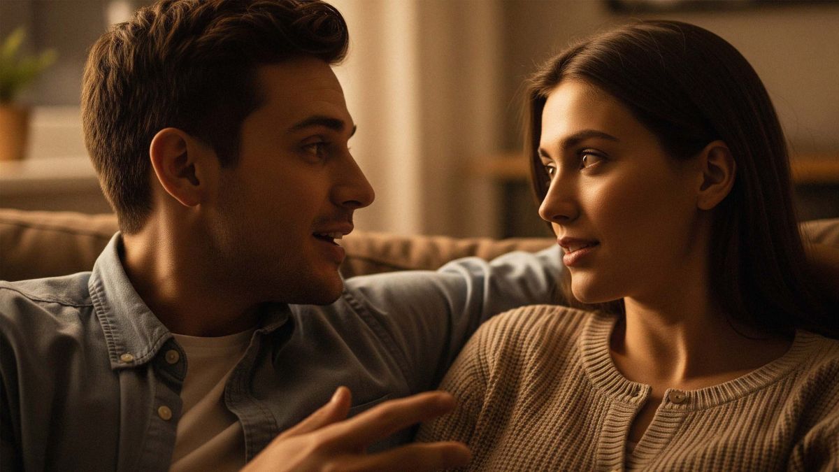 A couple engaging in active listening, one partner speaking while the other listens attentively.