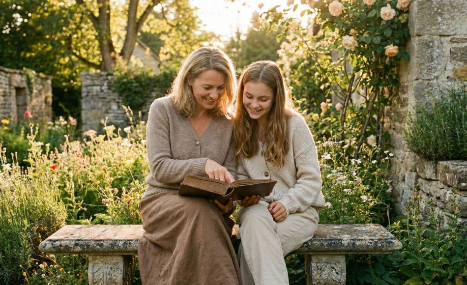 Eine Mutter, die ihrer Tochter in ruhiger Umgebung traditionelle Werte vermittelt.