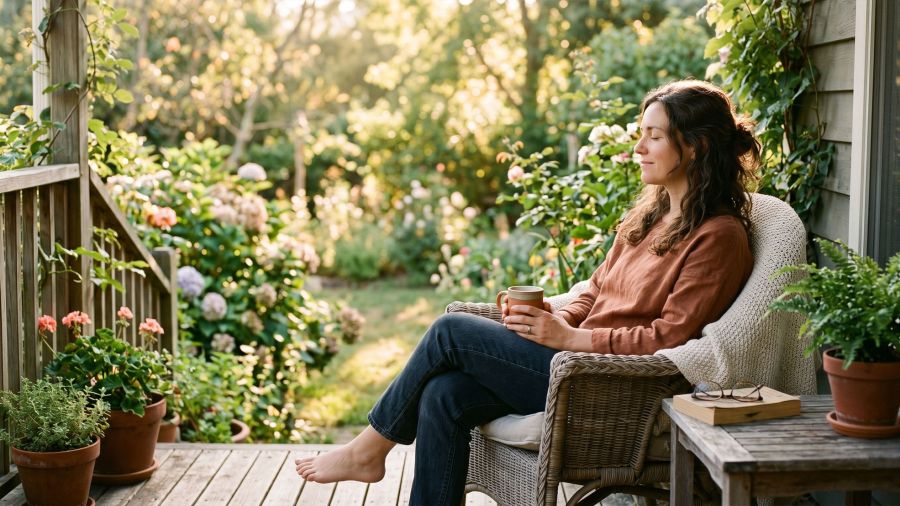 Woman sitting peacefully outdoors in soft morning light with eyes closed, representing emotional balance and calm