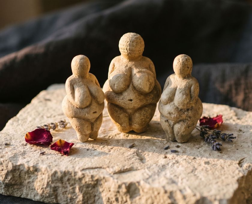 Ancient Venus figurines and sacred feminine symbols from world cultures displayed on natural stone with warm ambient light