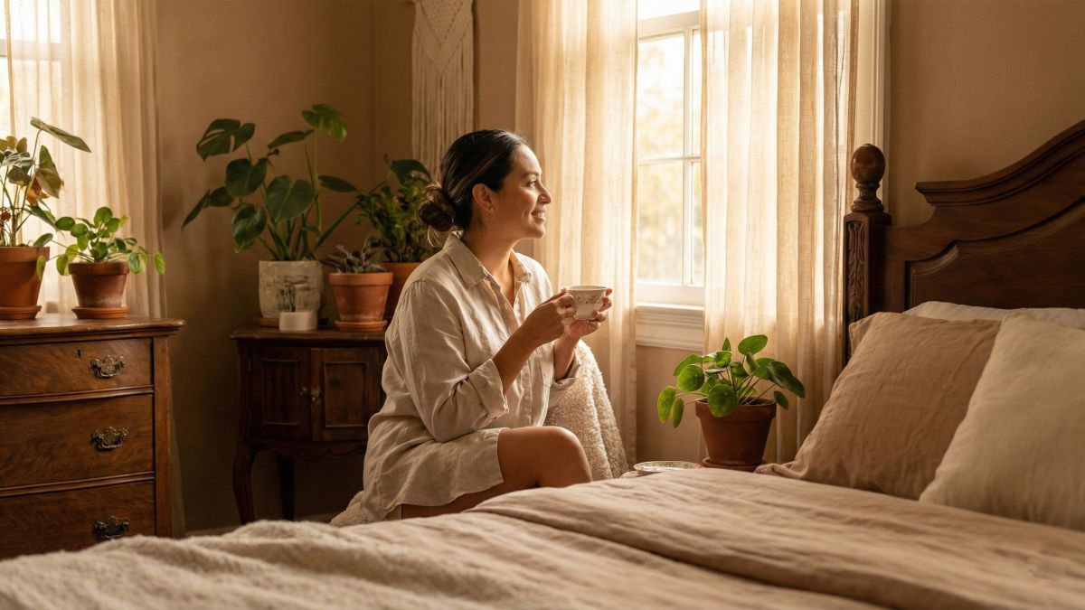 Una mujer serena en una habitación suavemente iluminada, representando la receptividad femenina y la armonía biológica.