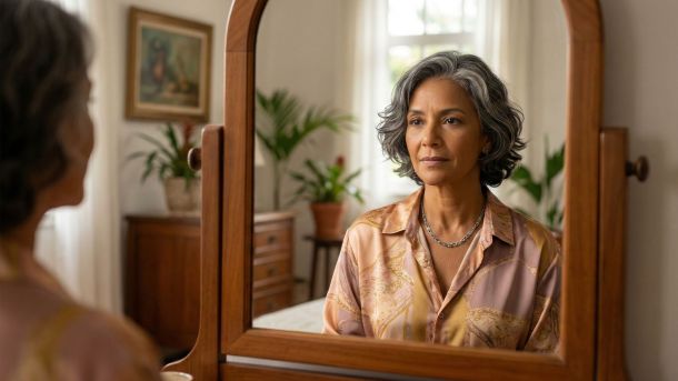 Uma mulher madura elegante refletindo sobre sua jornada e mudanças físicas.