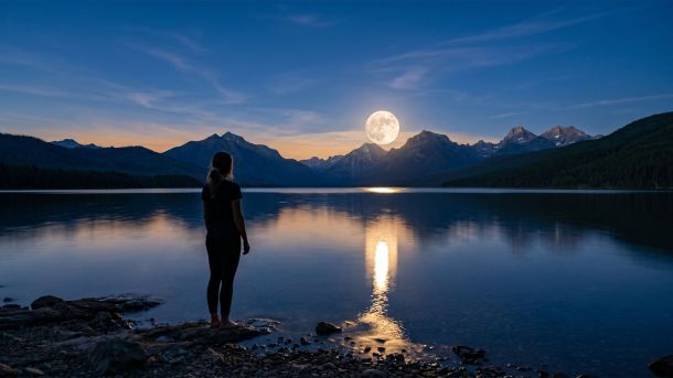 Full moon rising over calm ocean water at blue hour, with the silhouette of a woman standing at the shoreline looking up — symbolizing the ancient connection between the lunar cycle and the menstrual cycle