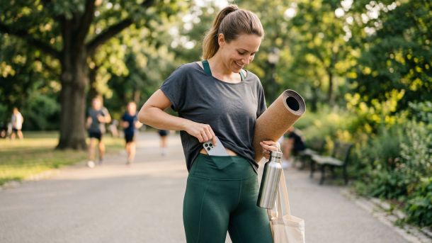 Eine Frau in salbeigrünen Leggings steckt ihr Smartphone beim Spaziergang in den Bund.