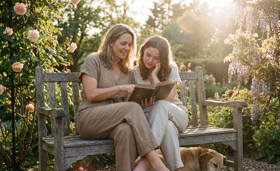 A mother teaching her daughter traditional values in a peaceful setting.