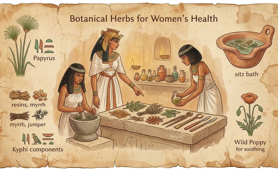 Ancient papyrus with botanical illustrations representing      early women's health treatments