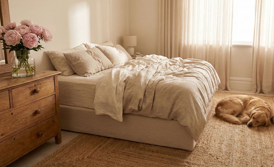 A minimalist and elegant master bedroom reflecting traditional feminine aesthetics.