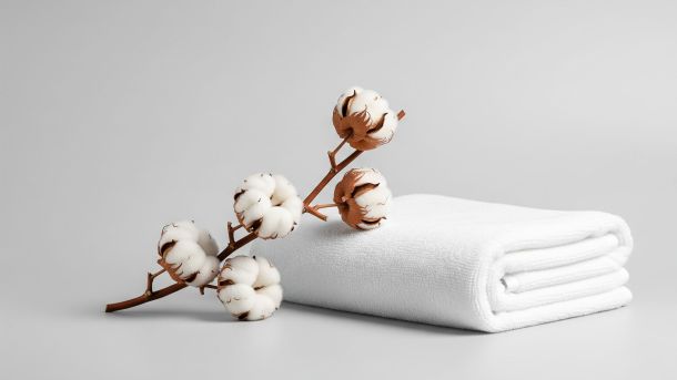 Une branche de cotonnier reposant sur une serviette blanche douce, symbolisant des soins de la vulve doux et naturels.