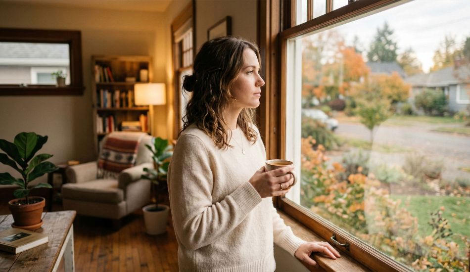 A thoughtful woman looking out a window in a warm home setting.