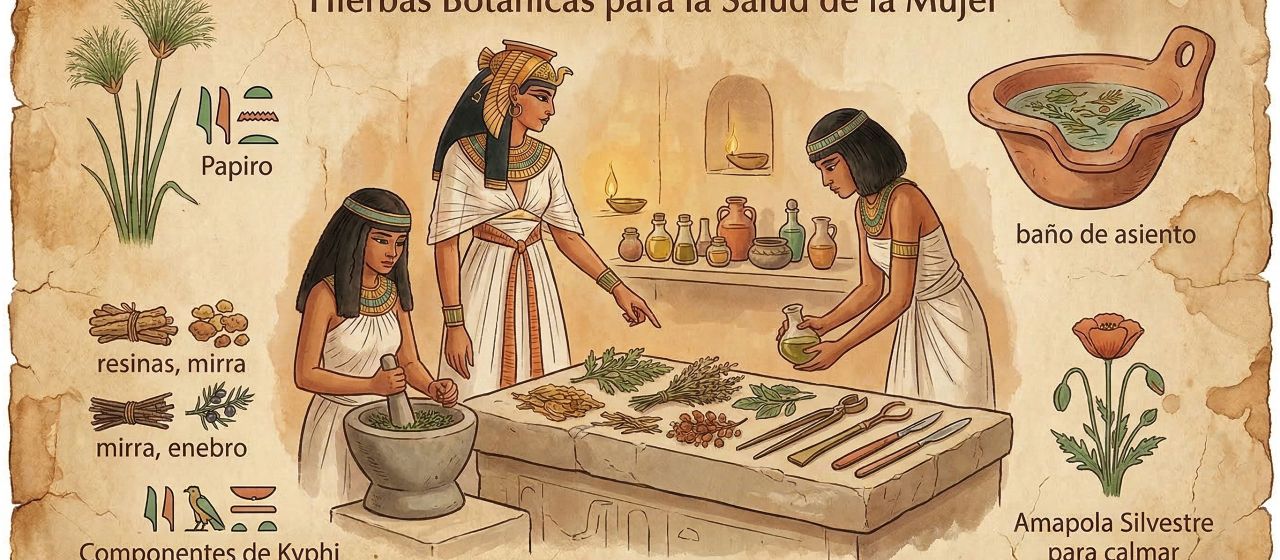 Hierbas secas, pergaminos y vasijas de barro que representan antiguos remedios botánicos utilizados en la salud femenina a lo largo de la historia.