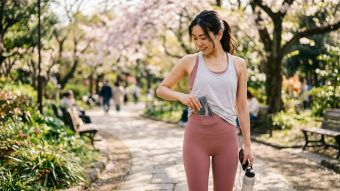 セージグリーンのレギンスを着た女性が、散歩中にスマートフォンをウエスト部分に差し込んでいる様子。