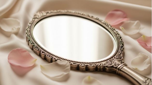 Hand mirror on soft blush fabric with scattered petals, symbolizing reflection and restraint in intimate aesthetics