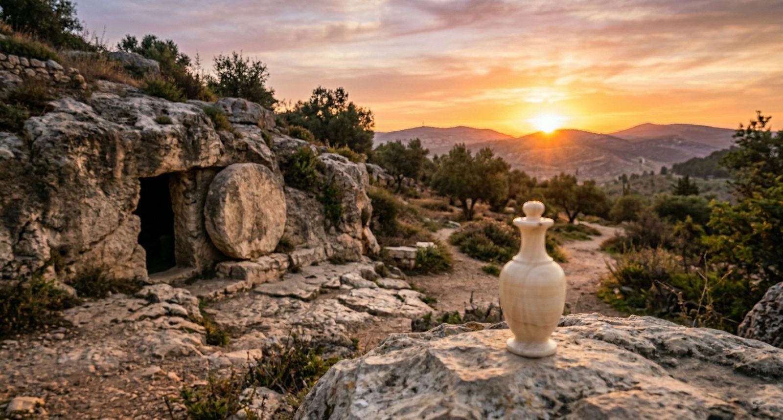 Sunrise over an empty ancient stone tomb with an alabaster jar in the foreground, symbolizing Mary Magdalene’s witness.