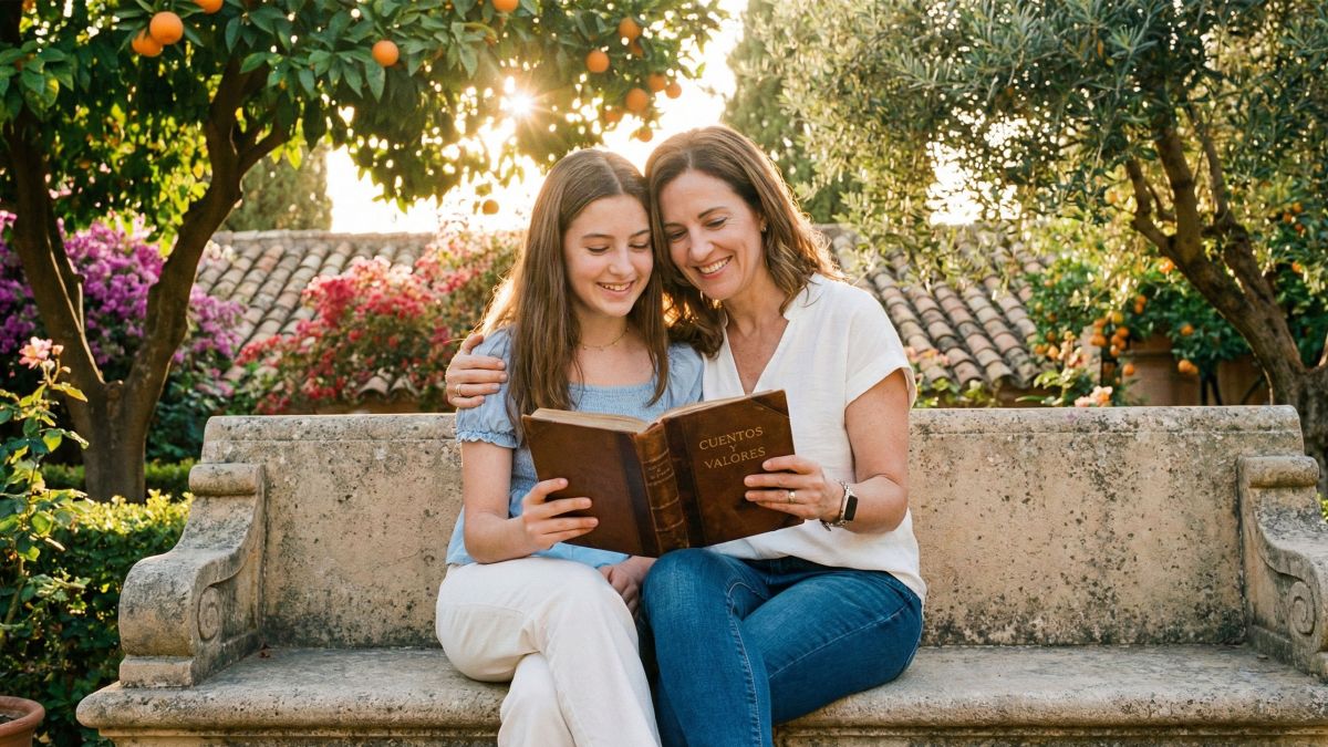 Una madre enseñando valores tradicionales a su hija en un entorno tranquilo.