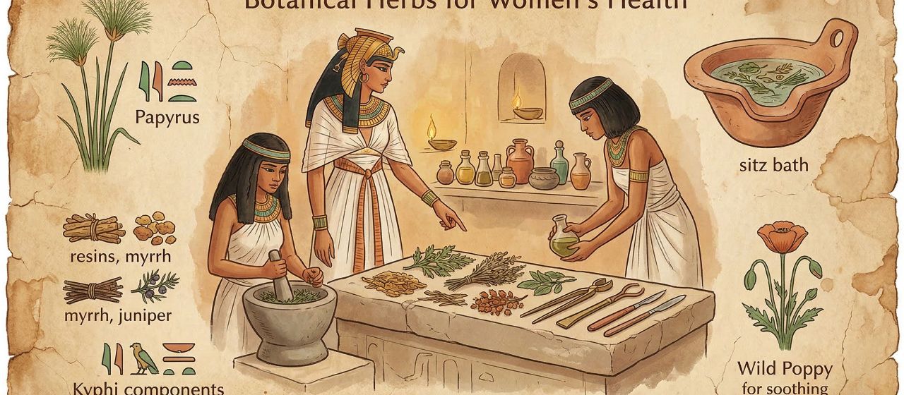 Ancient papyrus with botanical illustrations representing      early women's health treatments