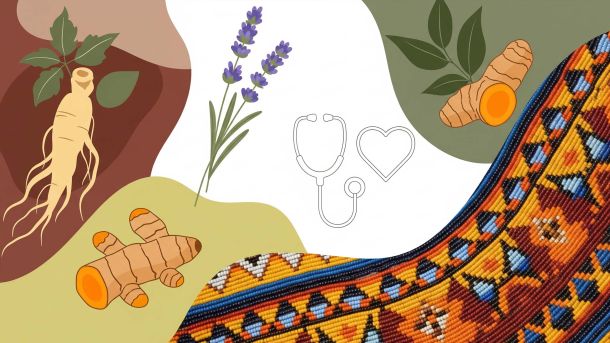 Una colección de objetos que representan diferentes enfoques culturales de la salud, como hierbas, un recipiente tradicional de cuentas y un diagrama médico moderno.