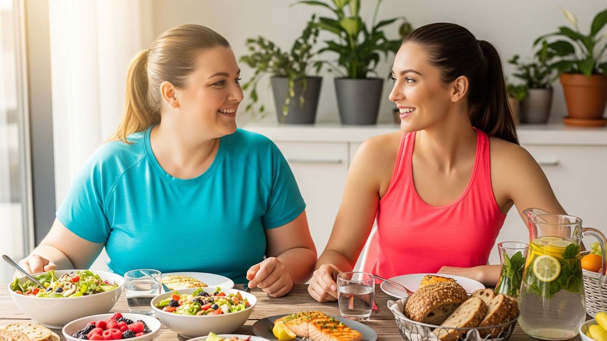 A collage showing diverse women of different sizes and backgrounds enjoying healthy activities and food.