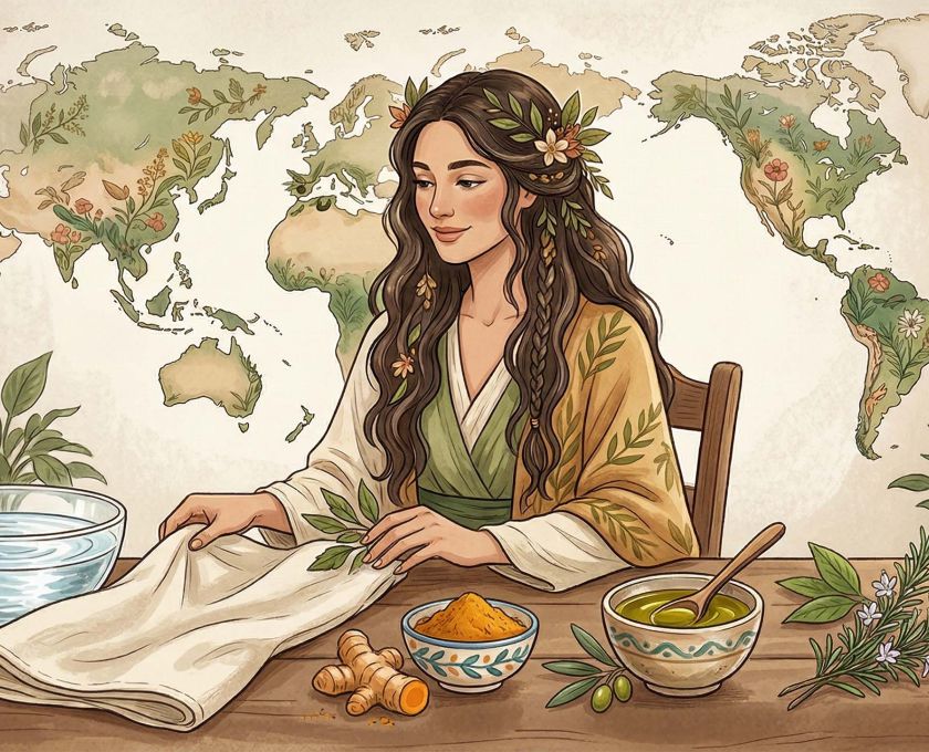 A minimalist flat-lay of global wellness elements: turmeric, olive oil, herbs, and clear water representing intimate hygiene traditions.