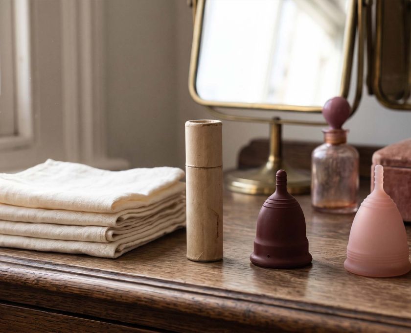History of period products timeline shown on a sunlit dressing table with folded linen cloths, a vintage cardboard applicator, a rubber menstrual cup and a modern silicone cup