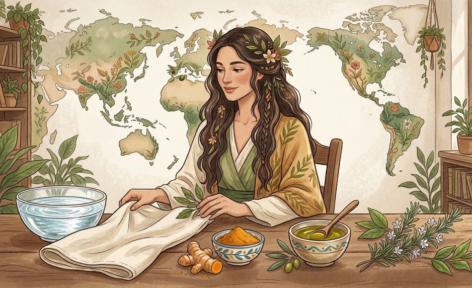 A minimalist flat-lay of global wellness elements: turmeric, olive oil, herbs, and clear water representing intimate hygiene traditions.