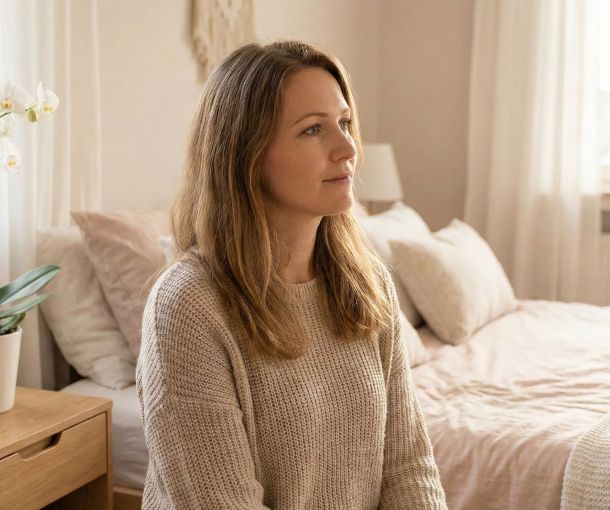 Eine ruhige Frau in einem sanft beleuchteten Raum, Sinnbild weiblicher Empfänglichkeit und biologischer Harmonie.