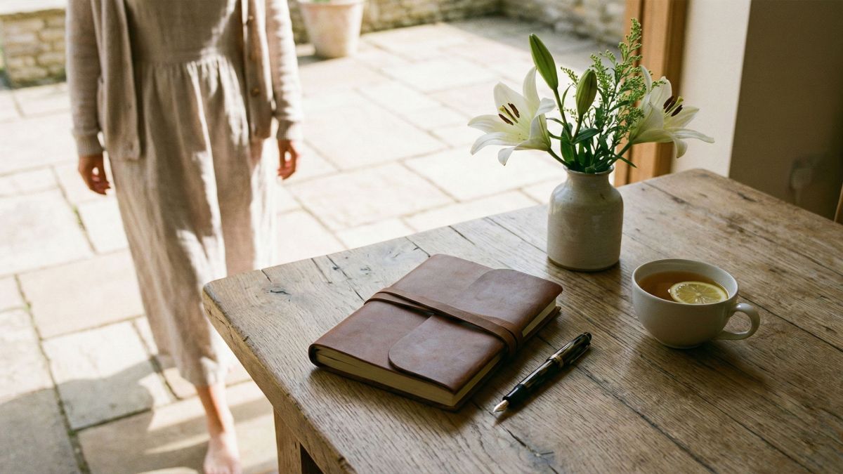 An elegant journal and pen on a wooden table representing feminine reflection and personal growth.