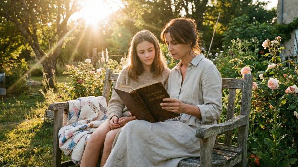 Une mère enseignant à sa fille des valeurs traditionnelles dans un cadre paisible.