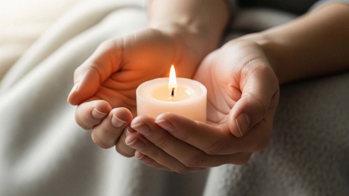 Hands holding a small lit candle beside a cozy blanket on a table
