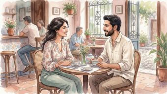 Un hombre y una mujer en una primera reunión respetuosa mostrando señales no verbales positivas.