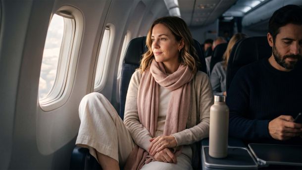 Woman in soft cotton and merino layers resting comfortably in an aircraft window seat on a long-haul flight