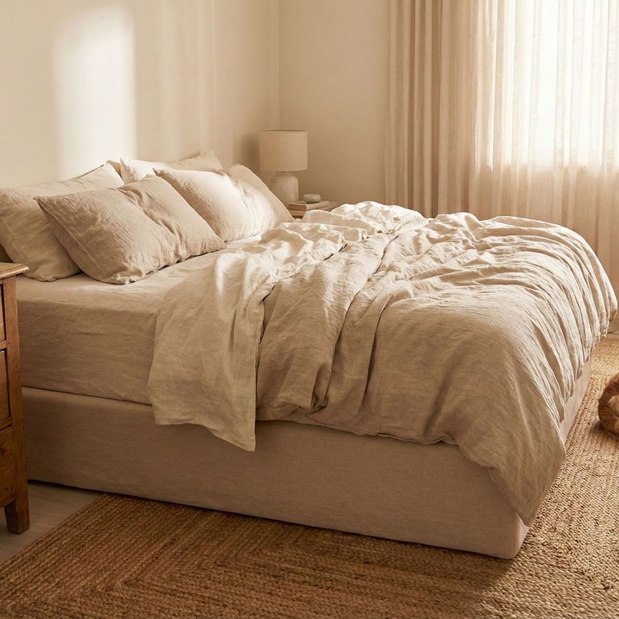 A minimalist and elegant master bedroom reflecting traditional feminine aesthetics.