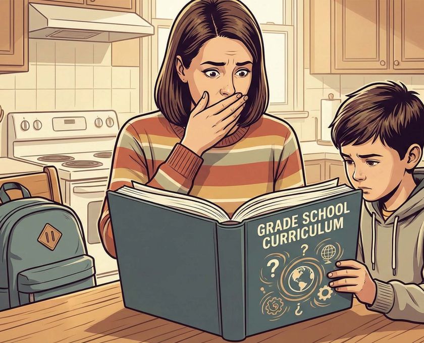 A mother and child reviewing educational materials together in a home setting.