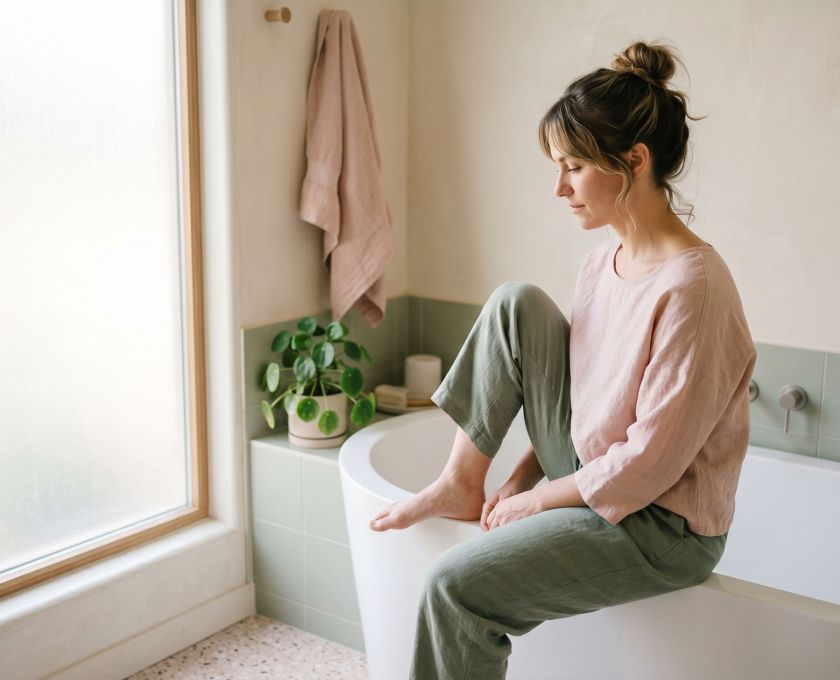 Woman sitting in a sunlit bathroom, reflecting quietly — normalizing body awareness and daily hygiene routines