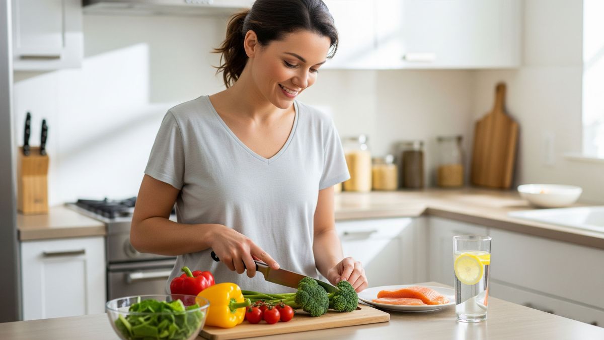 Woman preparing a healthy balanced meal for sustainable weight loss.