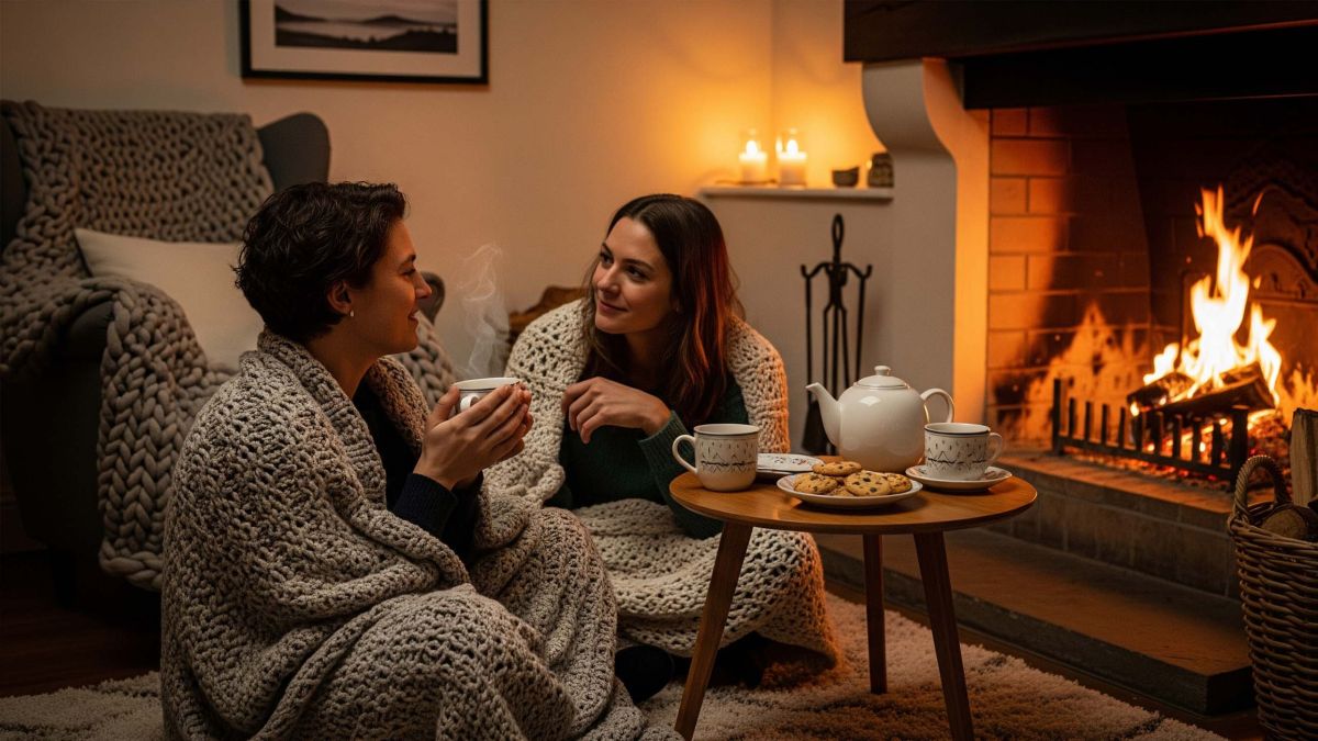 Una pareja sentada junta en una sala de estar acogedora con mantas y velas, ilustrando un sentido de intimidad y confort.