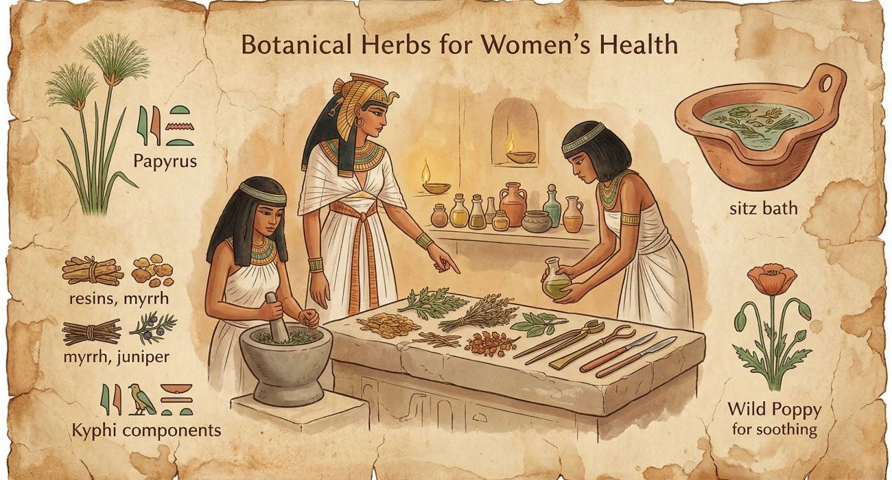 Ancient papyrus with botanical illustrations representing early women's health treatments