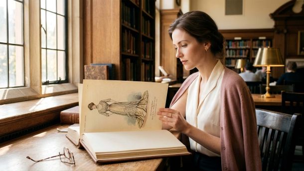 Woman in a historic library reading a bound volume of 1910s fashion magazines, researching when women started shaving their armpits