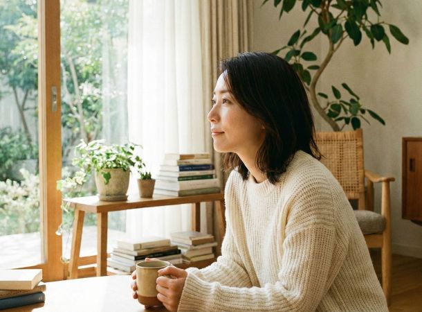 明るく静かな部屋でマインドフルな呼吸を行い、ストレスを和らげる女性。