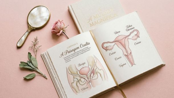 Livro ilustrado de referência anatômica aberto, cercado por elementos botânicos suaves em um fundo rosa, representando educação acessível sobre saúde feminina.