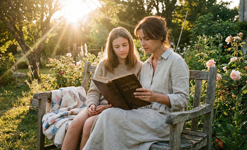 Une mère enseignant à sa fille des valeurs traditionnelles dans un cadre paisible.