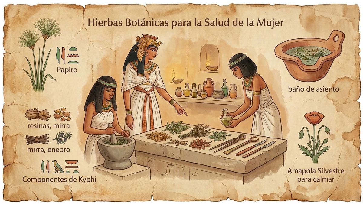 Hierbas secas, pergaminos y vasijas de barro que representan antiguos remedios botánicos utilizados en la salud femenina a lo largo de la historia.